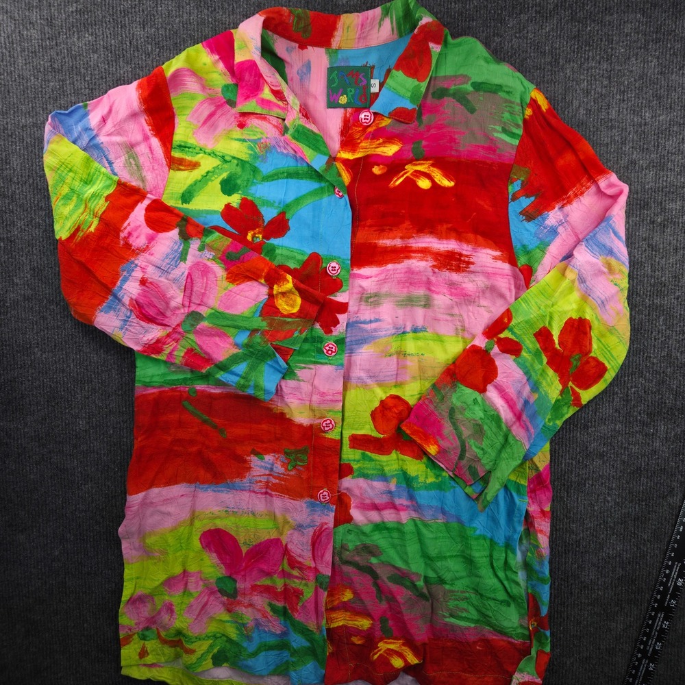 VTG Jams World Womens S Button Up Shirt Rayon Floral Scenic Print Multi Color